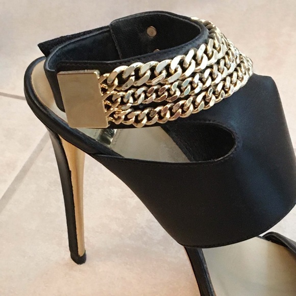 MARCIANO Gold Chain Black Leather Stilettos - Picture 2 of 7
